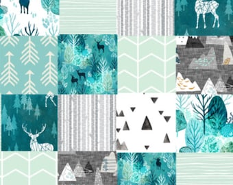 Baby boy quilt, deer woodland nursery bedding, wilderness, adventure nature, blue and gray quilt, patchwork rag quilt, personalized