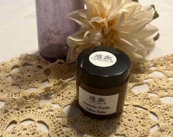 Bálsamo de sebo batido de vacas alimentadas a pasto com lavanda e baunilha, hidratante natural para a pele, não tóxico.
