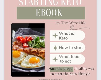 May include: A digital tablet displaying a photo of a keto-friendly breakfast with eggs, bacon, and tomatoes. The text on the screen reads "Starting Keto Ebook by Terri Wetzel RN". The text below the image reads "Learn the proper, healthy way to start the Keto lifestyle. Everything Holistic RN."