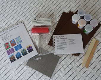 Product-Set for Lino cutting and printing, all in one bag: patterns, transfer materials, carving and printing tools, colors and lino blocks!