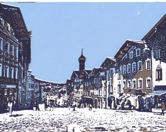 Bad Tölz, Market Street, Bavaria: handmade linoprint, multi coloured, numbered and signed