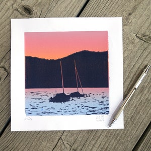 Segelboote, Tegernsee, Bavaria: multicoloured, hand-printed linoleum print, numbered and signed