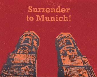 Surrender to Munich, cathedral, Bavaria: handmade linoprint, multi coloured, numbered and signed