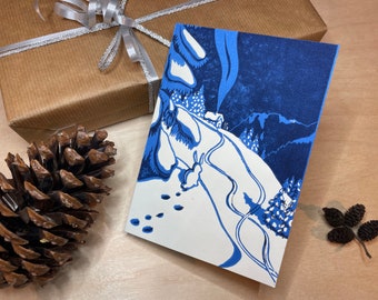 Folding card Din-A6 snow bunny in winter - for Christmas or New Year - 2-colour, hand-printed linoprint on high-quality artist cardboard