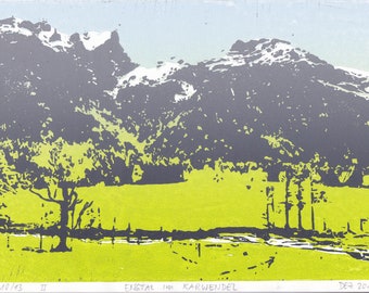 Engtal in the Karwendel mountains, Alps, Austria: handmade linoprint, multi coloured, numbered and signed