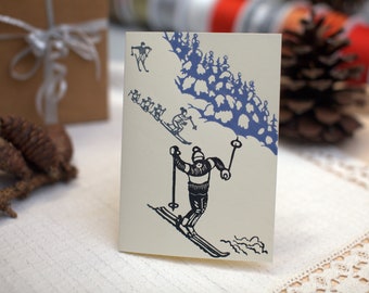 Ski School on slope - greeting card Din-A6 for Christmas and New Year - 3-color, hand-printed, linoleum print on high quality cardboard