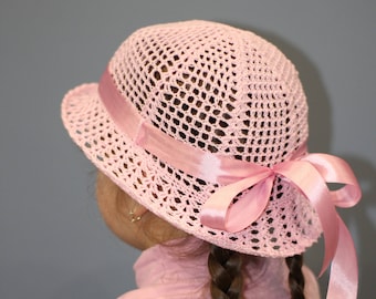 Sombrero de crochet para el sol: Sombrero de playa de algodón rosa con cinta