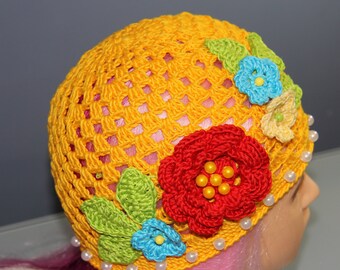 Sombrero de crochet para el sol: gorro de algodón amarillo con apliques florales