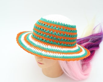 Crochet sun hat womens Summer hat women Wide brim hat orange Cotton beach hat