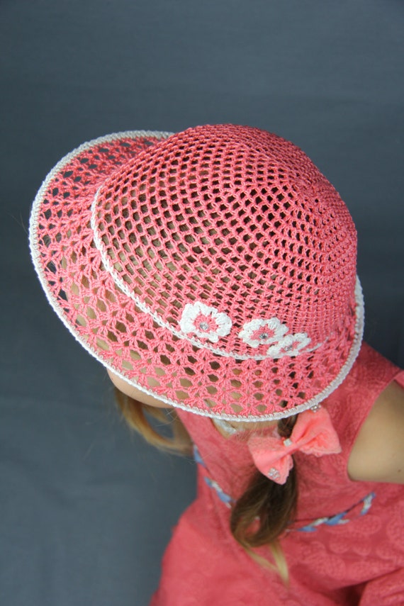Crochet Baby Sun Hat: Coral Cotton Toddler Hat with Flowers