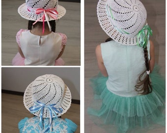 Crochet summer hat with brim Girl sun hat White hat with multi-colored ribbons Beach hat kids