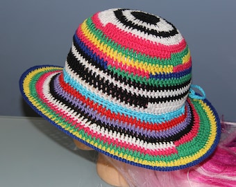 Crochet Summer Beach Hat: Multi Color Cotton Wide Brim