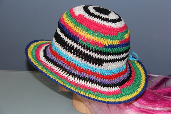 Crochet Summer Beach Hat: Multi Color Cotton Wide Brim - Etsy display picture 1