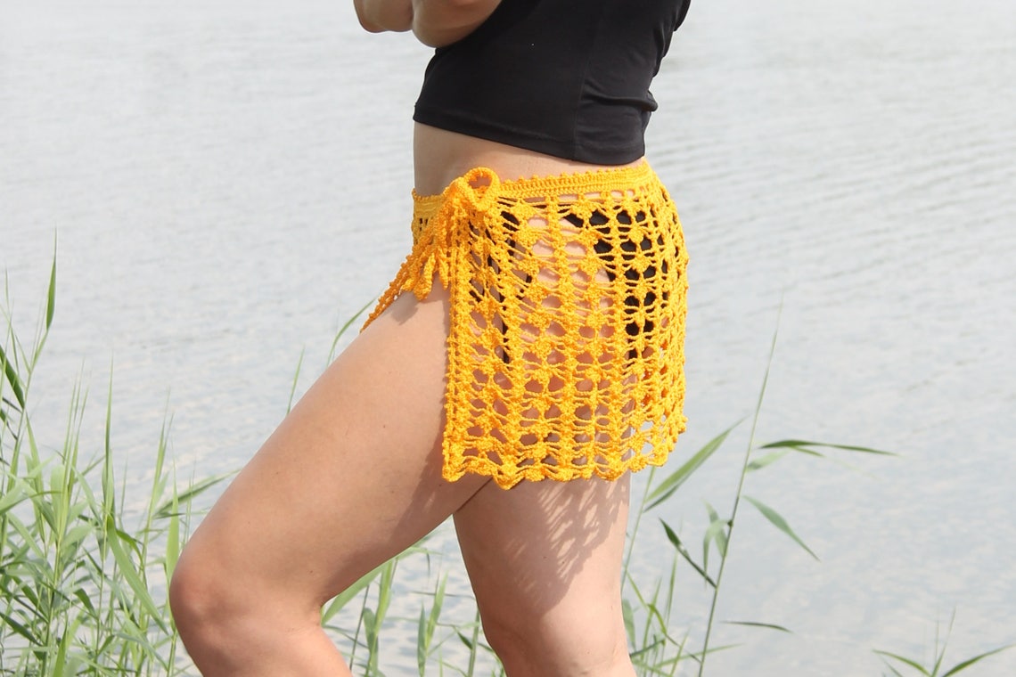 Crochet Lace Mini Skirt Beach Skirt Yellow Pareo Cotton Bikini Skirt ...