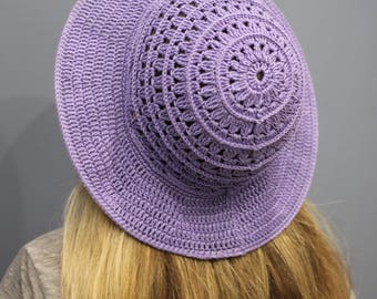 Crochet summer hat woman Floppy purple sun hat womens Wide brim hat Cotton beach hat bride