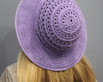 Sombrero de verano de crochet: sombrero flexible de algodón morado, ala ancha