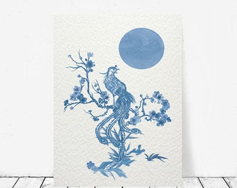 chinoiserie art - blue - Phoenix - chinese style painting - East Asian retro - vintage wall decor - cherry blossom - Mother's Day