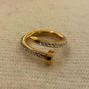 Gold Plated CZ Gemstone Screw Design Ring, Gold Gemstone Ring, Gold Statement Ring