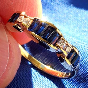 EARTH MINED REAL Sapphire Diamond Deco Wedding Band Solid 18k Gold. Vintage Natural Diamond Sapphire Anniversary Wedding Ring Gift for Her