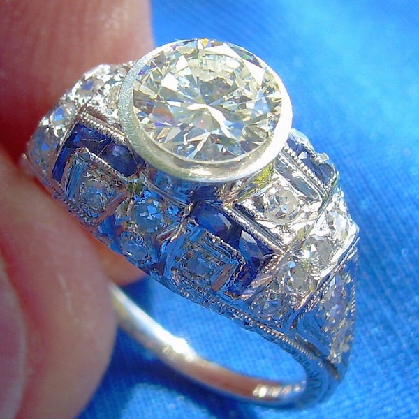 Earth mined Diamond Sapphires Art Deco Platinum Engagement Ring. Natural Diamond Vintage Antique Platinum Solitaire Size 6