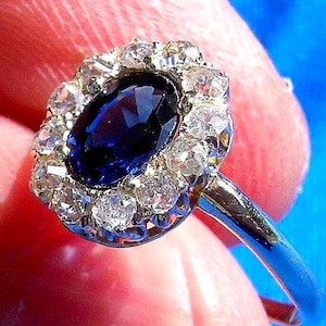 Antique Art Deco Sapphire Diamond Ring: 14k Gold, Princess Diana Style