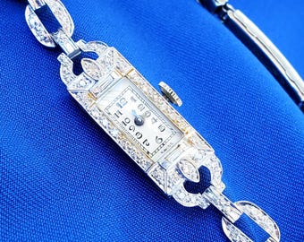 EARTH MINED DIAMOND Art Deco Platinum Ladies Statement Watch. Vintage Antique Diamond Solid Platinum Filigree Geometric Design Gift Woman