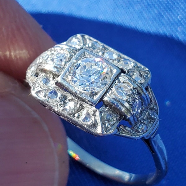 Earth mined Diamond European cut Art Deco Platinum Engagement Ring. Natural Diamond Vintage Antique Solitaire