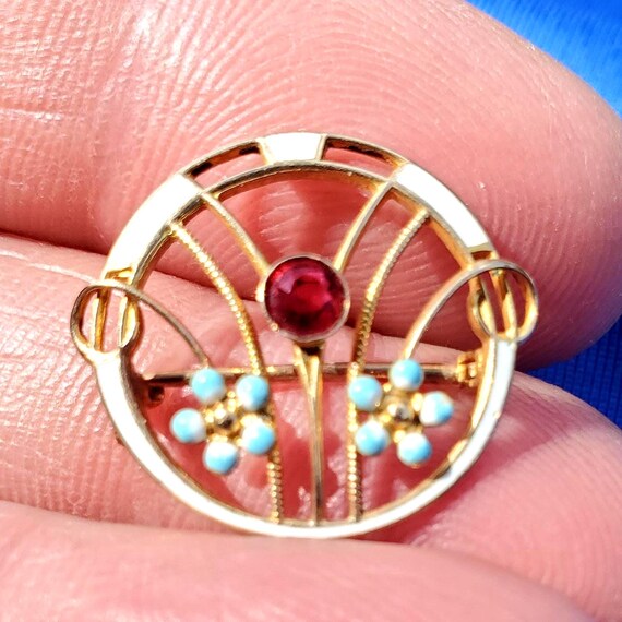 Vintage Deco Solid 10k Gold Ruby Brooch. Guilloch… - image 2