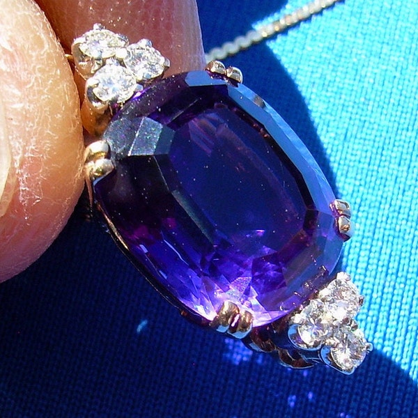 Earth mined Cushion cut Amethyst Diamond Deco Pendant. Vintage Design Necklaces Solid 14k Gold Chain