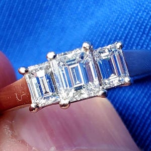 Earth mined Diamond Emerald Cut Deco Design Engagement Ring Solid 14k Gold. Natural Diamond 3 Stone Solitaire 14k Gold Woman Marriage Gift