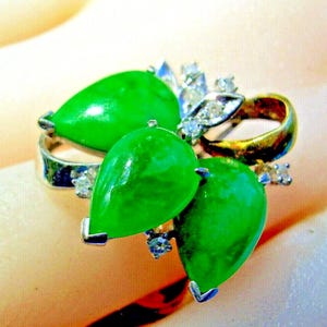 Earth mined Jadeite Jade Diamond Statement Ring. Unique Design Art Deco Solid 14k Gold Hand made Setting Bridal Marriage Anniversary Woman