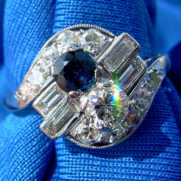 Earth mined Diamond Sapphires Art Deco Platinum Engagement Ring. Natural Diamond Vintage Antique Sapphire Platinum 1920s Toi et Moi ring