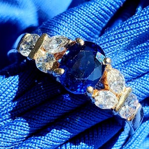 Earth mined Sapphire Diamond Deco Engagement Statement Ring. Natural Sapphire Diamond 18k Solid Gold Hand made Solitaire Gift Marriage Woman