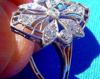 Original EARTH MINED DIAMOND Platinum Deco Engagement Statement Ring. Natural Diamond Vintage Antique Hand made 14k Gold Ring Anniversary