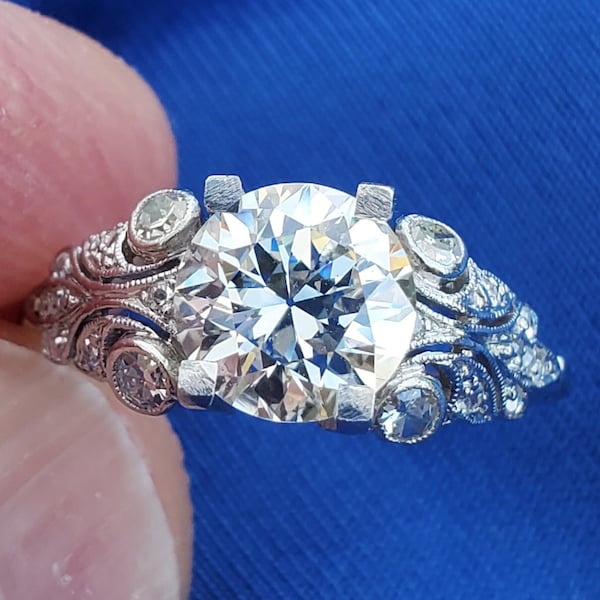 Earth mined Diamond Deco Engagement Wedding Ring. Vintage Antique European cut Natural Diamond Platinum Solitaire Size 6.5