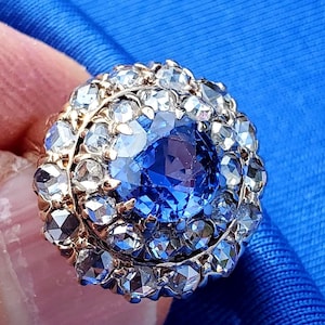 Earth mined Sapphire Diamond Deco Statement Engagement Ring. Natural Sapphire Antique Victorian 14k Gold Hand made Cocktail Statement Ring