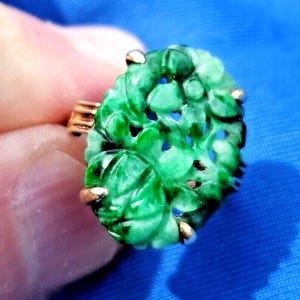 Natural Jade Antique Art Deco Engagement Statement Ring. Vintage Jade Solitaire Hand made 14k Gold Woman Gift Luck Fortune Health Size 6