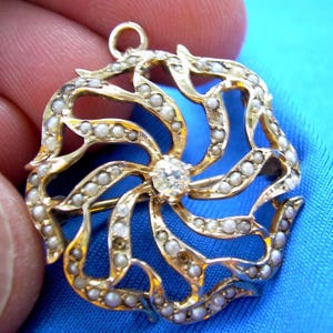 Earth mined Diamond Vintage Deco Pendant Pearl Statement Brooch 14k Gold. Natural Diamond Antique Victorian Medallion Solid 14K Gift Woman
