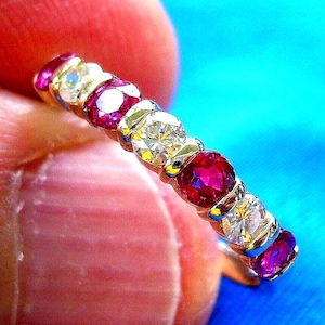 EARTH MINED DIAMOND Ruby Wedding Deco Band 14K Gold. Original Real Diamond Ruby Anniversary Ring Solid 14k Gold Size 7.5 Stacking Woman