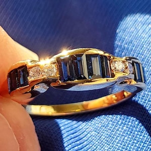 Earth mined Sapphire Diamond Deco Wedding Bridal Band 18k. Natural Sapphire Diamond Hand made Anniversary Ring 18k Gold Woman Marriage Gift