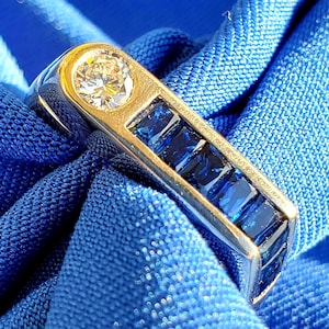 Earth mined Diamond Sapphire Deco Engagement Statement Ring. Natural Sapphire Diamond Wedding Band 14k Solid White Gold Gift Marriage Woman