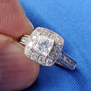 Earth mined Diamond Princess cut Deco Engagement Statement Ring. Natural Diamond Vintage Halo Solitaire Hand Made 14k White Gold Woman Gift
