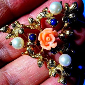Natural Coral Pearls Lapis lazuli Statement Brooch Floral Deco Design Solid 14k Gold. Unique Hand Made Designer 14k Gold Pin Gift Woman Wife