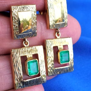 Earth mined Colombian Emerald Deco 18k Gold Earrings. Natural Emerald 18k Solid Gold Vintage Design Hand Made USA Dangles Drops Gift Woman