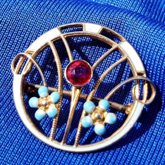 Vintage Deco Solid 10k Gold Ruby Brooch. Guilloch… - image 1