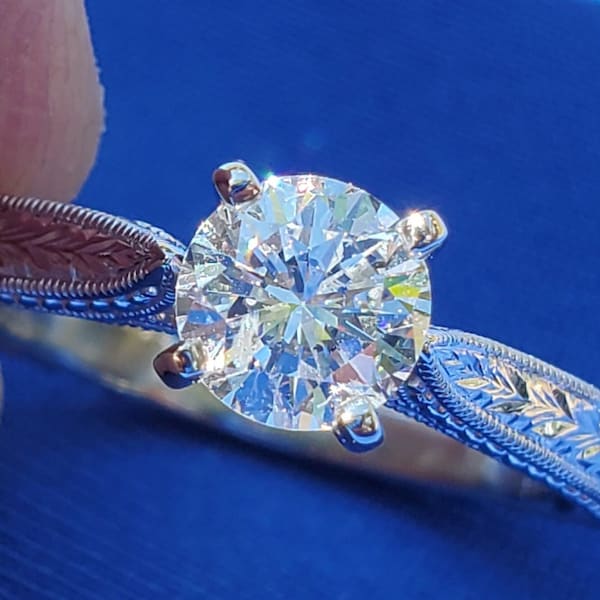 Earth mined Diamond Gabriel Engagement Ring Deco Design 14k setting. Natural Diamond Vintage Designer Solitaire 14k White Gold