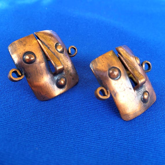 ORIGINAL Vintage 1940's 1950's Pedro Pujol Copper Hand made Modernist Earrings Jewelry Unique Design Rare Find View 2
