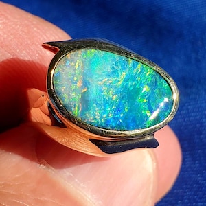 Black Australian Opal Earth mined Handmade Statement Ring 14k Gold. Hand Crafted one of a kind Bezel set Opal Solid 14k Gold Designer ring