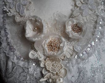 romantic ivory floral necklace, bridal necklace, woodland fairy necklace, bridal statement collar, one of a kind necklace,