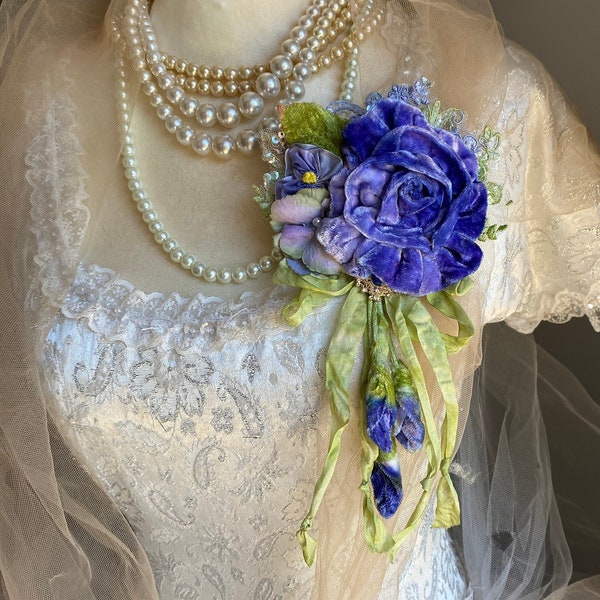 lavender blue rose pin, velvet rose. hand dyed velvet, floral corsage, hand made rose, clothing accessory, rose brooch